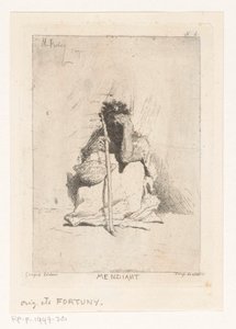 Siedzący żebrak z kijem Mendiant (tytuł na obiekcie) autorstwa Mariano José María Bernardo Fortuny y Carbó