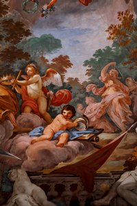 Romulus jest witany w Olympusie przez Jowisza. Fragment obrazu „Apoteoza Romulusa” 1775-1779, fresk