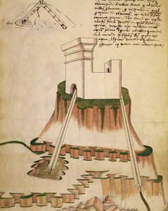 Studium dotyczące prawidłowego montażu studni i drenażu twierdzy, ilustracja z dzieła Mariano di Jacopo Vanniego, znanego jako Taccola (XV w.), rękopis autorstwa Mariano di Jacopo (1382 c.1453) (after)