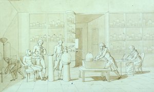 Antoine Lavoisier (1743-94) i jego eksperymenty z oddychaniem (pióro, atrament i sepia na papierze) autorstwa Marie Anne Pierrette Lavoisier