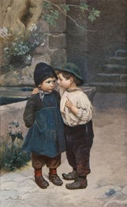 "Nie mów nikomu" (kolorowa litografia) autorstwa Marie Wunsch
