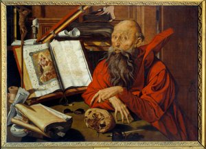Saint Jerome Meditant - Obraz (Vanita) autorstwa Marinus Claeszoon van Reymerswaele (1493 - 1567) Ec. Hol.
