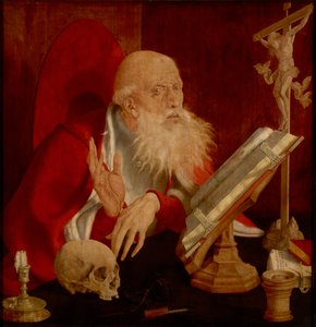 Święty Hieronim dans sa cellule - Święty Hieronim w celi, autorstwa Reymerswaele, Marinus Claesz, van (ok. 1490-po 1567). Olej na drewnie, ok. 1545. Wymiary: 84,3x82,5 cm. Muzeum Narodowe Brukenthal, Sybin