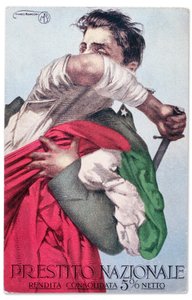 Włoski żołnierz broni Trójkolorowych z wyciągniętym mieczem. Propagandowa karta pocztowa dla Pożyczki Narodowej, ok. 1915-18 (pocztówka)