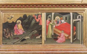 Madonna z Dzieciątkiem ze świętymi, detal z predelli przedstawiający Zwiastowanie Joachimowi i Narodzenia Najświętszej Marii Panny tempera na desce rozdzielczej z 80340