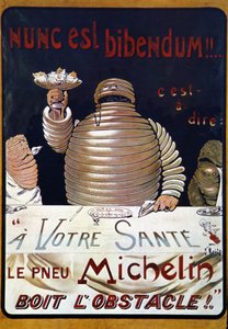 Plakat reklamowy opona Michelin: Nunc to bibendum, opona Michelin pije przeszkodę autorstwa Marius Rossillon