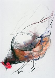 Karmienie kury, Trasierra, 1998 (grafit, conte i węgiel na papierze)