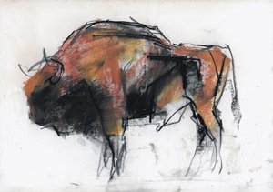 Żubre, Białowieża (węgiel i conte na papierze)