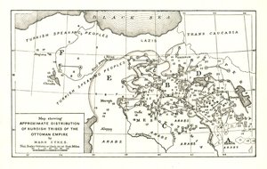 „Mapa przedstawiająca przybliżone rozmieszczenie plemion kurdyjskich w Imperium Osmańskim”, c1915. autorstwa Mark Sykes