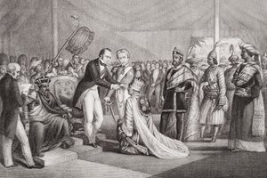 Wielki Durbar w Cawnpore po stłumieniu rewolty Sepoyów, 1858, z `Illustrations of English and Scottish History