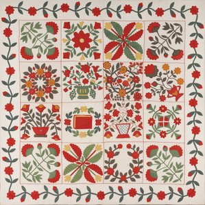 „Album Quilt”, Baltimore, Maryland, ok. 1861 (bawełna z jedwabiem i wełną) autorstwa Martha E. Keech