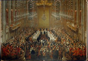 Bankiet z okazji ślubu cesarza Józefa II i Izabeli Parmeńskiej w dniu 06.10.1760. Z Mozartem stojącym w orkiestrze autorstwa Martin (and studio) Mytens or Meytens