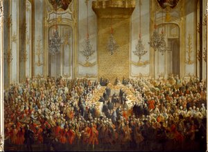 Uroczysty bankiet z okazji ślubu księżniczki Izabeli Parmeńskiej z cesarzem Józefem II w dniu 06.10.1760. Detal (malarstwo) autorstwa Martin (and studio) Mytens or Meytens