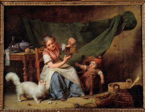 Kobieta i mysz Dziewczynka trzyma łapacza myszy przed kotem i dzieckiem. Obraz Martina Drollinga (1752-1817) 1798 Nd. 0,25x0,35 m Orlean. Muzeum Sztuk Pięknych
