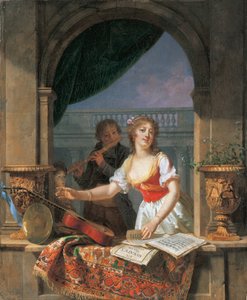 Młoda dama sięgająca po gitarę w kamiennym skrzydle, a za nim chłopiec grający na flecie, 1796-97
