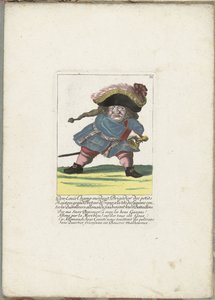 De Franse dwerg Don Luis Champ-merdant, ca. 1710 Don Luis Champ-merdant, brygadier małych mistrzów, wielki breteur Francji, na czele Gaskonów przeciwko niemieckim kłótnikom, rozbijając ich bataliony (tytuł na obiekcie) Il Callotto wskrzeszony autorstwa Martin Engelbrecht (attributed to)