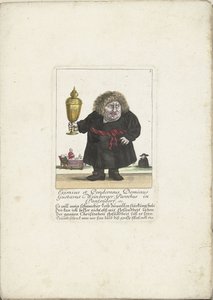 Krasnolud Gustavus Weinberger jako duchowny z kielichem, ok. 1710 Eximius et Ponderosus Dominus Gustavus Weinberger Parafia w Panzendorf itp. (tytuł na obiekcie) Il Callotto resurcitato oder Neu eingerichts Zwerchen Gabinet (tytuł serii) autorstwa Martin Engelbrecht (attributed to)