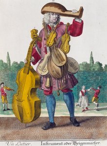 Lutniarz, rycina z Assemblage des nouveau manouvries habilles autorstwa Martina Engelbrechta (1684-1756), Niemcy autorstwa Martin Engelbrecht