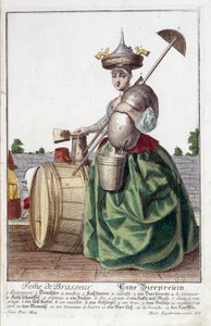 Przedstawienie żony piwowara, niosącej na głowie lejek, worek zboża, miskę, wiadro, beczkę piwa. Grawerowanie autorstwa Martina Engelbrechta (1684-1756)