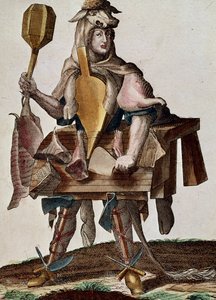 Rzeźnik, rycina z Assemblage des nouveau manouvries habilles Martin Engelbrecht (1684-1756), Niemcy autorstwa Martin Engelbrecht