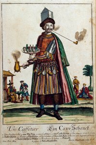 Ekspres do kawy: mężczyzna noszący ekspres do kawy i serwis. Grawerowanie autorstwa Martina Engelbrechta (1684-1756) XVIII-wieczny Paryż, Sztuka dekoracyjna