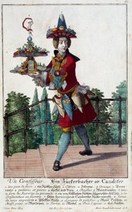 Cukiernik: młody mężczyzna trzymający tacę z cukierkami i słodyczami. Grawer Martina Engelbrechta (1684-1756) XVIII wiek. Paryż, Sztuka Dekoracyjna