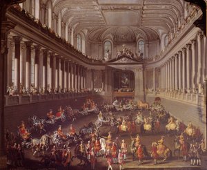 Karuzela hiszpańskiego ujeżdżalni wiedeńskiej dla uczczenia klęski Francuzów w Pradze w 1763 roku, Marii Teresy Austrii (1717-1780) jest reprezentowana na białym koniu Malarstwo szkoły Martina Meytensa (1695-1770) XVIII-wieczny Wiedeń. Muzeum Historii Sztu