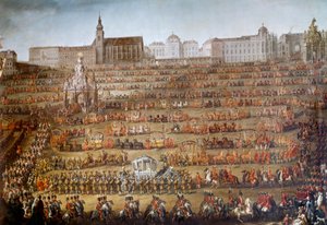 Wjazd Marii Izabeli Burbon Parma (1741-1763) do Wiednia z okazji jej ślubu z cesarzem austriackim Józefem II (1741-1790), w tle kościół Augustynów i biblioteka dworska Ogromny orszak jest zorganizowany przez