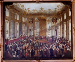 Maria Teresa Austriaczka (1717-1780) na uroczystości ustanowienia Zakonu św. Szczepana w 1764 r. Obraz Martina van Meytensa (1695-1770) 1764 Wiedeń. Kunsthistorische Museum - Maria Teresa z Austrii (1717-1780) podczas ceremonii inwestytury o