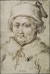 Wizerunek starszego mężczyzny z futrzanym kołnierzem i czapką na wysokości biustu autorstwa Martin Schongauer