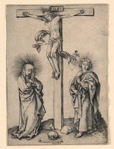 Chrystus na krzyżu z Maryją i Janem autorstwa Martin Schongauer