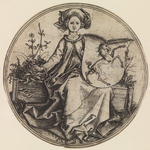 Siedząca dama trzymająca tarczę z jednorożcem, ca. 1435-1491., ca. 1435-1491. autorstwa Martin Schongauer