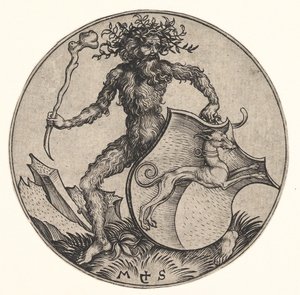Tarcza z chartem trzymanym przez Wild Mana, ca. 1435-1491. autorstwa Martin Schongauer