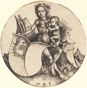 Tarcza z głową lwa, trzymana przez dziką kobietę autorstwa Martin Schongauer