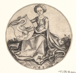Tarcza z łabędziem trzymana przez kobietę, ca. 1435-1491. autorstwa Martin Schongauer