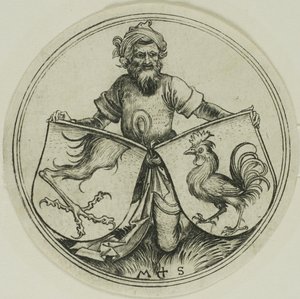 Tarcza z łapą gryfa i tarcza z kogutem trzymanym przez maura autorstwa Martin Schongauer