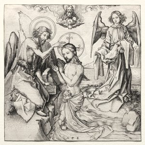 Chrzest Chrystusa w Jordanie, c. 1480-90. autorstwa Martin Schongauer