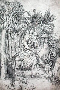 Ucieczka do Egiptu, c.1470-80 (grawerowanie) autorstwa Martin Schongauer