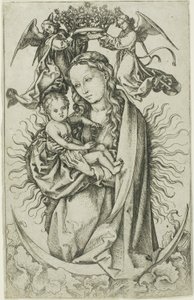 Madonna na półksiężycu w koronie dwóch aniołów autorstwa Martin Schongauer