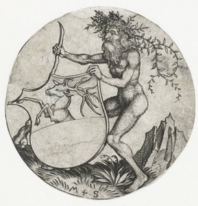 Herb z jeleniem, trzymany przez dzikiego człowieka z maczugą Figurki z herbami (tytuł serii) autorstwa Martin Schongauer