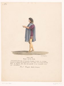 Kostuum van de dauphin Karel van Valois uit de tragedie Marcel Karol, książę Normandii (tytuł na obiekcie) Teatrokostuum (tytuł serii) Teatr Francuski: kolekcja kostiumów MM. J. Alaux i L. Duponchel z rysunków rękopisów w Bibliot autorstwa Martin Sylvestre Baptiste
