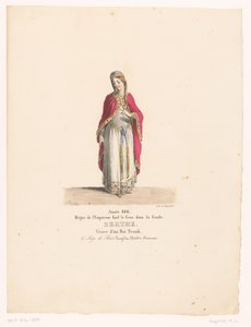 Kostuum van koningin Berthe uit de tragedie Oblężenie Paryża Berthe (tytuł na obiekcie) Teatrokostuum (tytuł serii) Teatr Francuski: kolekcja kostiumów MM. J. Alaux i L. Duponchel na podstawie rysunków rękopisów z Bibliothèque de la Comédie- autorstwa Martin Sylvestre Baptiste