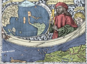 VESPUCCI, Amerigo (1454-1512). Włoski odkrywca i kartografia w „Mapie Waldseemullera lub Universalis Cosmographia - (Universal Cosmography) - Waldseemuller Planisphere” - 1507 -