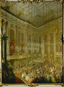 Koncert weselny dla cesarza Józefa II i Izabeli Parmeńskiej; serenada w Redoutensaal w wiedeńskim Pałacu Cesarskim ... (olej na płótnie)