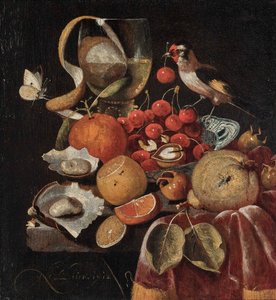 Martwa natura z owocami i szczygłem autorstwa Martinus Nellius