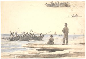 Dwie łodzie rybackie płyną w kierunku plaży Skagen autorstwa Martinus Rørbye