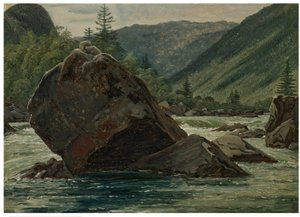 Wystająca skała w wartkim nurcie (Fos z doskonałym kawałkiem Rock) autorstwa Martinus Rørbye