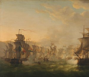 Starcie floty holenderskiej i brytyjskiej podczas przejścia flotylli holenderskiej do Boulogne (1804) autorstwa Martinus Schouman (signed by artist)
