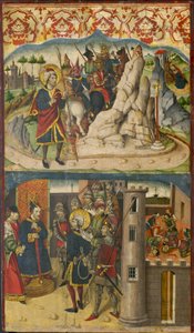 Święty Krzysztof spotyka szatana, Święty Krzysztof przed królem Licji, 1480-85 autorstwa Martín de Soria