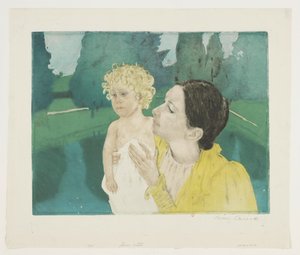 Młoda matka w parku przed sadzawką autorstwa Mary Cassatt